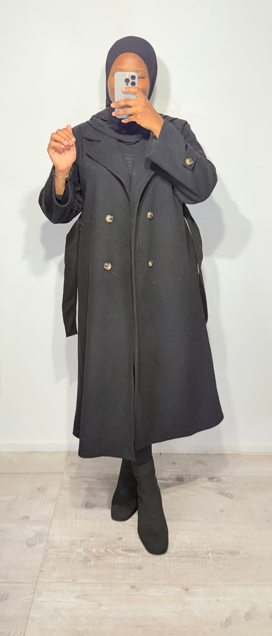 Manteau long ceinturé en laine